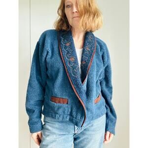 Vintage 90s Fleece Bolero Jacket Size Large Blue Cropped Western Cabincore